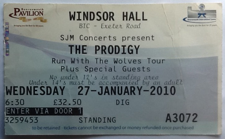 Prodigy Original Used Concert Ticket Windsor Hall BIC Bournemouth 2010