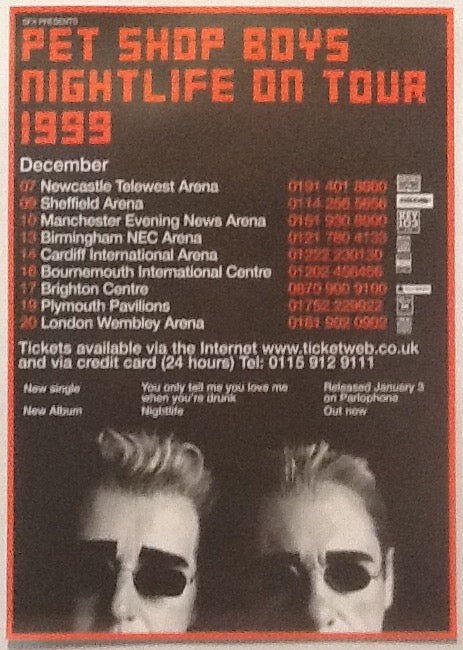 Pet Shop Boys Original Concert Tour Gig Handbill Flyer Nightlife Tour 1999