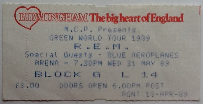 R.E.M. Original Unused Concert Ticket NEC Arena Birmingham 1989