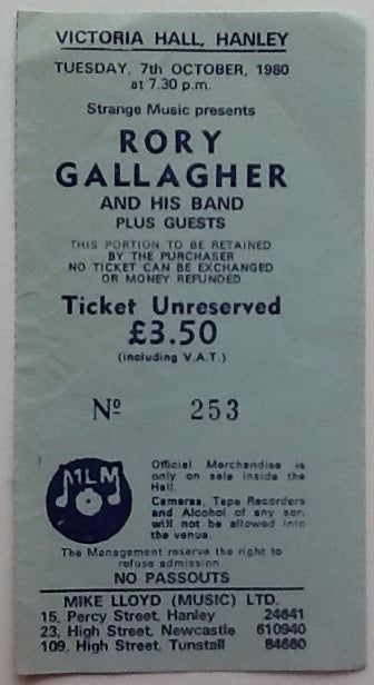 Rory Gallagher Original Used Concert Ticket Victoria Hall Hanley 1980