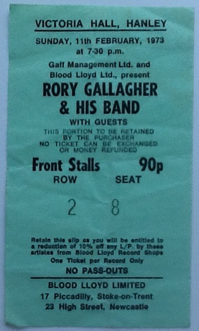 Rory Gallagher Original Used Concert Ticket Victoria Hall Hanley 1973