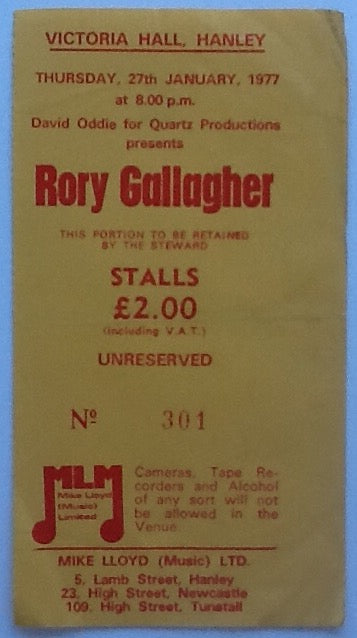 Rory Gallagher Original Used Concert Ticket Victoria Hall Hanley 1977