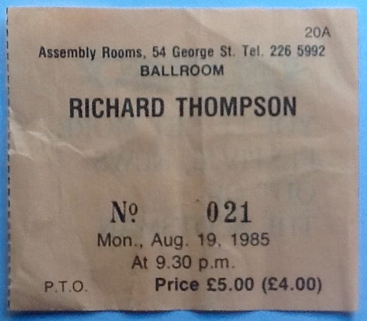 Richard Thompson Original Used Concert Ticket Assembly Rooms Edinburgh 1985