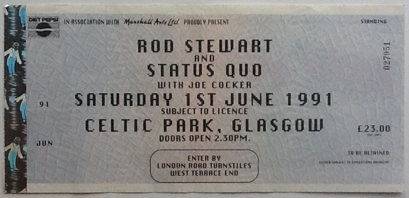 Rod Stewart Status Quo Original Unused Concert Ticket Celtic Park Glasgow 1991