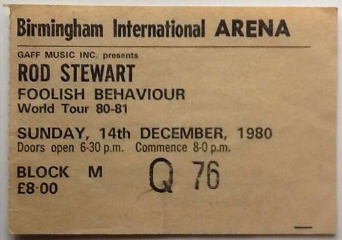 Rod Stewart Original Used Concert Ticket Birmingham International Arena 14th Dec 1980