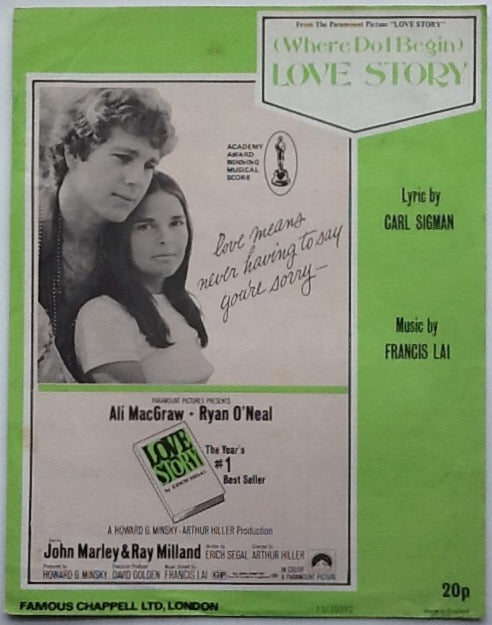(Where Do I Begin) Love Story Theme Tune Sheet Music Ryan O' Neal 1970