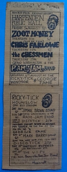 Georgie Fame Rod Stewart Original Concert Handbill Flyer Harpenden Hounslow 1966