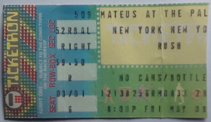 Rush Original Used Concert Ticket Palladium New York 1980