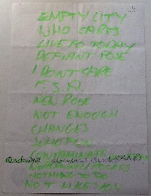 Sad Society Original Handwritten Setlist Cas Rock Cafe Edinburgh 1994