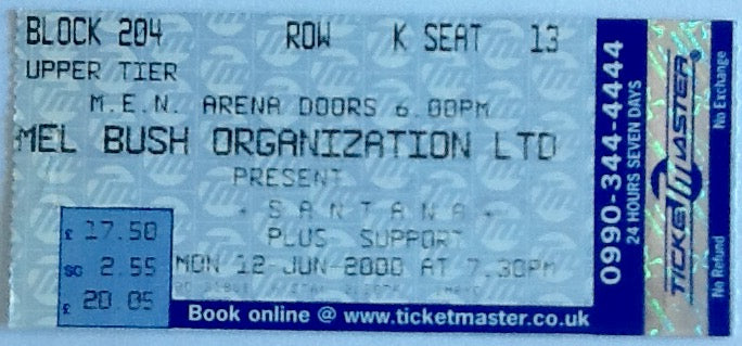 Santana Original Used Concert Ticket MEN Arena Manchester 12th Jun 2000