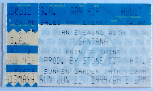 Santana Original Used Concert Ticket Sunken Garden Theatre San Antonio 1994