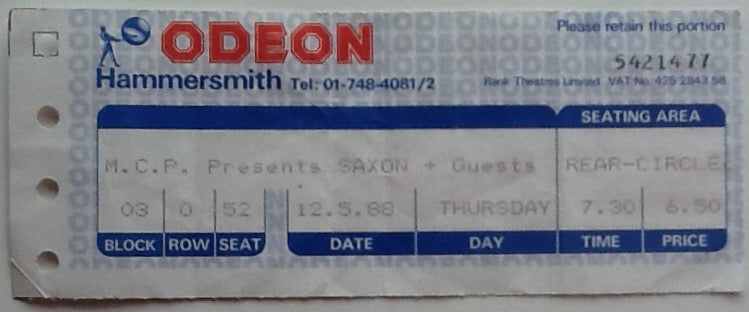 Saxon Original Used Concert Ticket Odeon Hammersmith London 1988