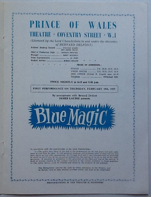 Shirley Bassey Tommy Cooper Original Concert Programme Blue Magic Prince of Wales Theatre London 1959