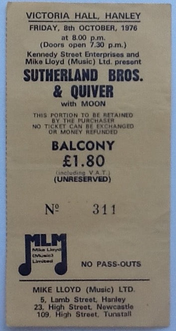 Sutherland Brothers & Quiver Original Used Concert Ticket Victoria Hall Hanley 1976