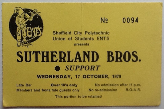 Sutherland Brothers Original Used Concert Ticket Sheffield City Polytechnic Union of Students 1979