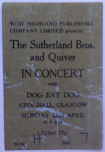 Sutherland Brothers & Quiver Original Used Concert Ticket City Hall Glasgow 1974