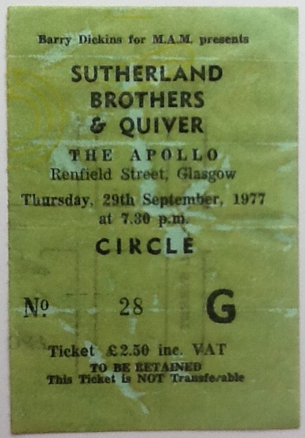 Sutherland Brothers & Quiver Original Used Concert Ticket The Apollo Glasgow 1977