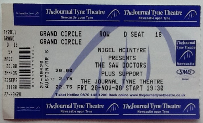 Saw Doctors Original Unused Concert Ticket Journal Tyne Theatre Newcastle Upon Tyne 2008