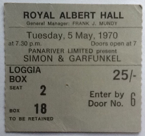 Simon & Garfunkel Original Concert Ticket Royal Albert Hall London 1970