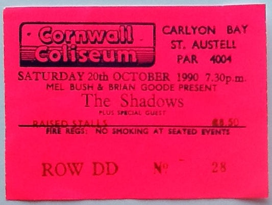 Shadows Original Used Concert Ticket Cornwall Coliseum St. Austell 1990