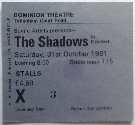 Shadows Original Used Concert Ticket Dominion Theatre London 1981