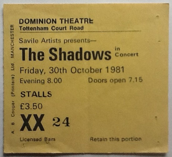 Shadows Original Used Concert Ticket Dominion Theatre London 1981