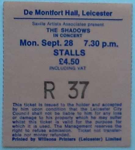 Shadows Original Used Concert Ticket De Montfort Hall Leicester 1981