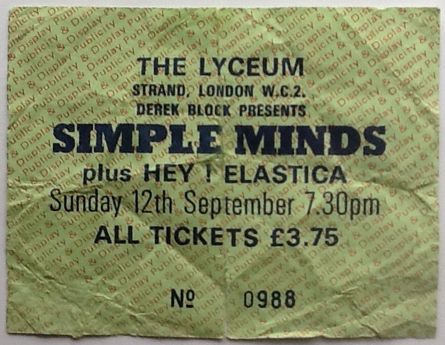 Simple Minds Original Used Concert Ticket Lyceum Ballroom 12 Sept 1982