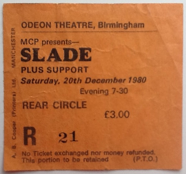 Slade Original Used Concert Ticket Odeon Theatre Birmingham 1980