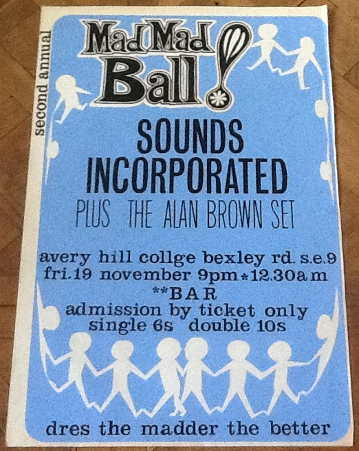Sounds Incorporated The Alan Brown Set Original Concert Tour Gig Poster Avery Hill College Greenwich 1965