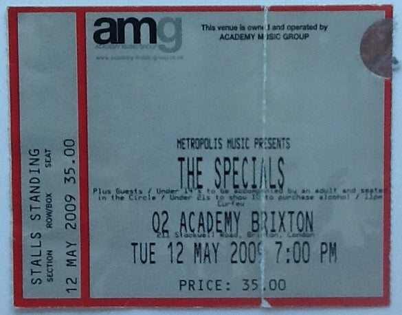 Specials Original Used Concert Ticket O2 Academy Brixton London 2009