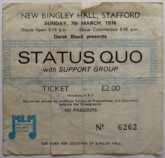 Status Quo Original Used Concert Ticket New Bingley Hall Stafford 1976