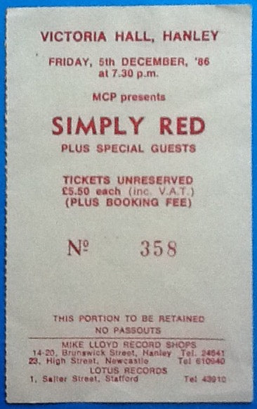 Simply Red Original Used Concert Ticket Hanley 1986