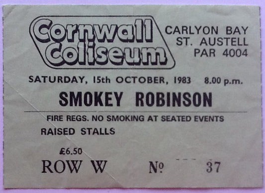 Smokey Robinson Original Used Concert Ticket Cornwall Coliseum St. Austell 15th Oct 1983