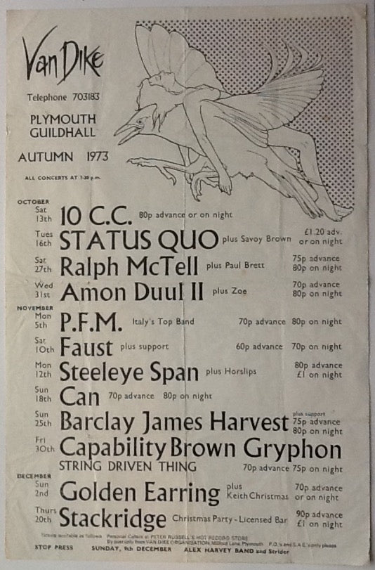 Status Quo 10cc Alex Harvey Original Concert Poster Handbill Flyer Van Dike Club Guildhall Plymouth 1973
