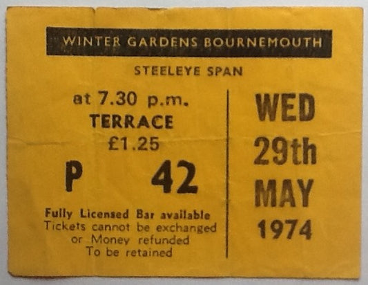 Steeleye Span Original Used Concert Ticket Winter Gardens Bournemouth 1974