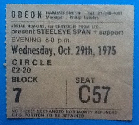 Steeleye Span Original Used Concert Ticket Hammersmith Odeon London 1975