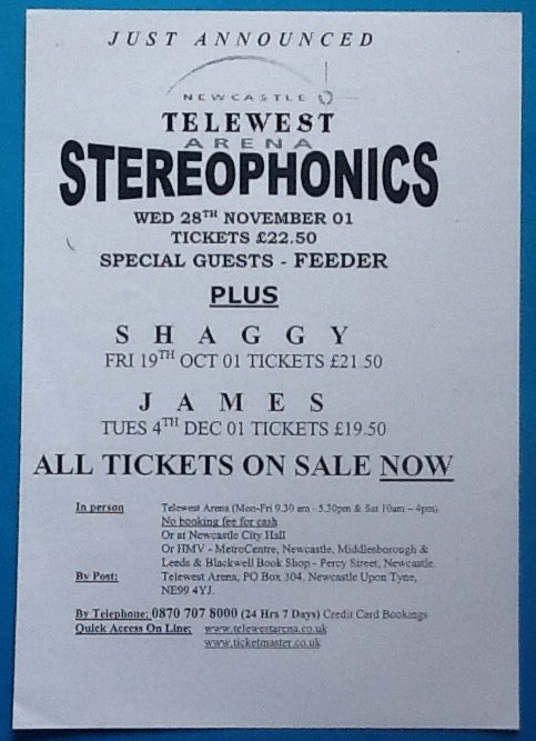 Stereophonics Original Concert Handbill Flyer Telewest Arena Newcastle 2001