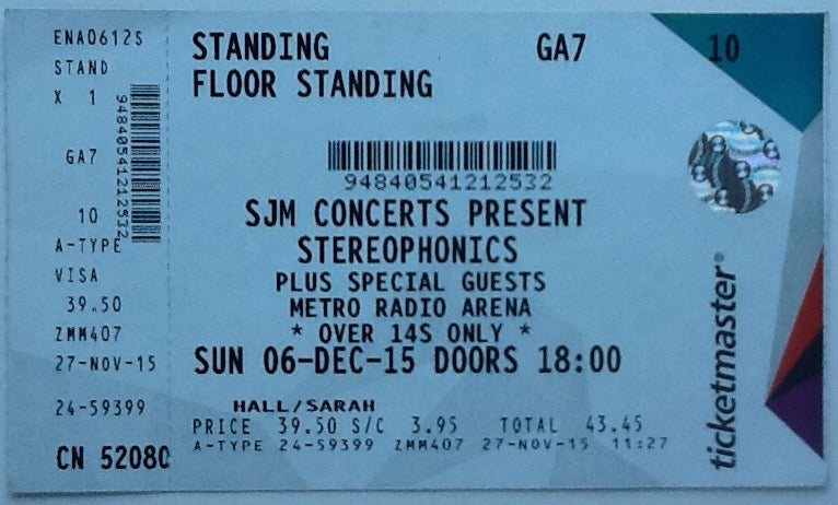 Stereophonics Original Unused Concert Ticket Metro Radio Arena Newcastle upon Tyne 2015