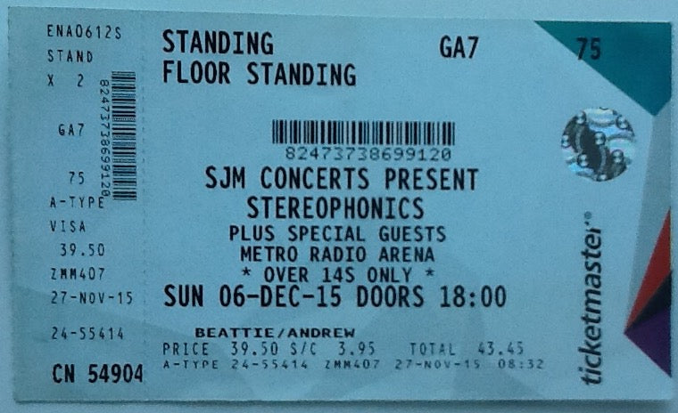 Stereophonics Original Unused Concert Ticket Metro Radio Arena Newcastle upon Tyne 2015