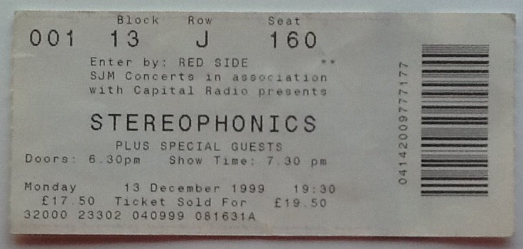 Stereophonics Original Used Concert Ticket Wembley London 13 Dec 1999
