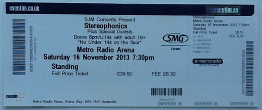 Stereophonics Original Unused Concert Ticket Metro Radio Arena Newcastle upon Tyne 2013