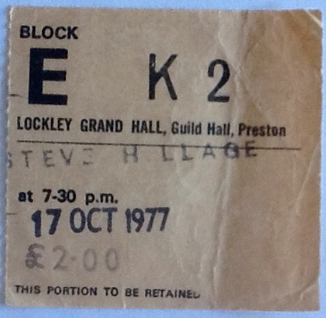 Steve Hillage Original Used Concert Ticket Lockley Grand Hall Preston 17th Oct 1977