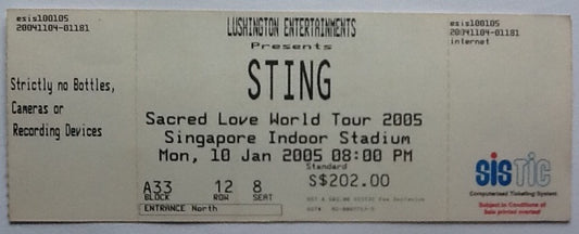 Sting Original Unused Concert Ticket Indoor Stadium Singapore 2005