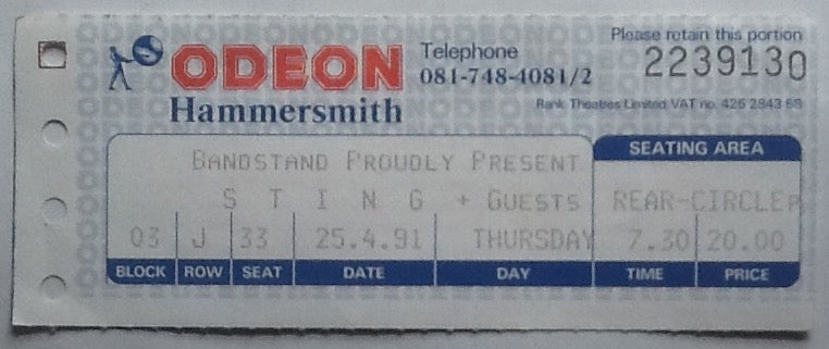 Sting Original Used Concert Ticket Hammersmith Odeon London 25th Apr 1991