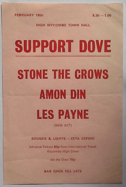 Stone The Crows Original Concert Handbill Flyer Town Hall High Wycombe 1972