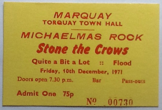 Stone The Crows Original Used Concert Ticket Marquay Club Torquay Town Hall 1971