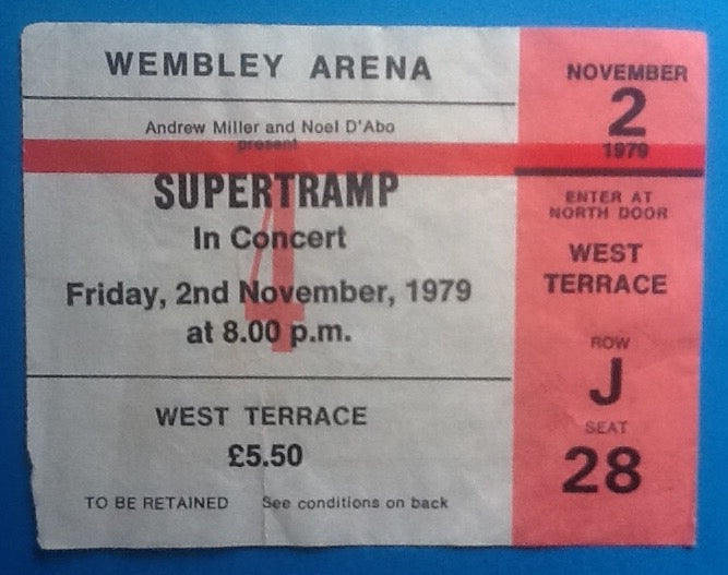 Supertramp Original Used Concert Ticket Wembley Arena London 2nd Nov 1979