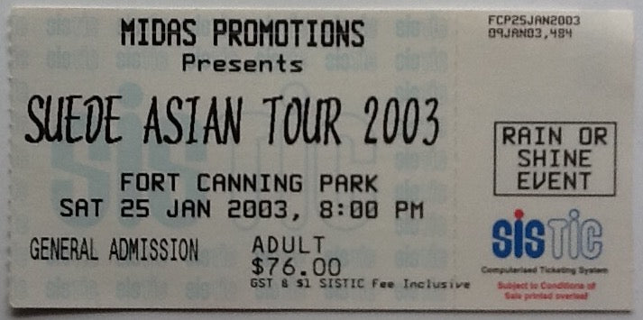 Suede Original Used Concert Ticket Fort Canning Park Singapore 2003