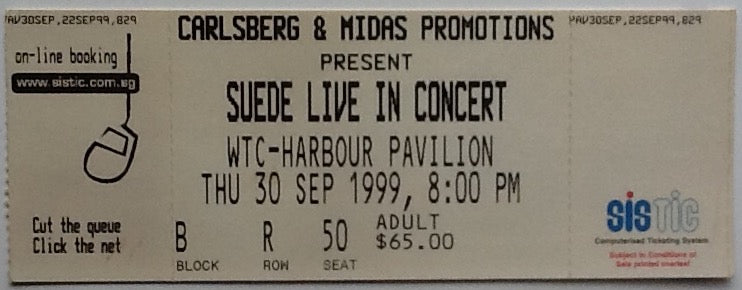 Suede Original Unused Concert Ticket WTC-Harbour Pavilion Singapore 1999